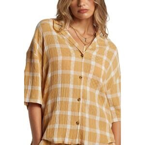 NWT Women's Size L Billabong Plaid Yellow Beach Side Oversized Button Up Top